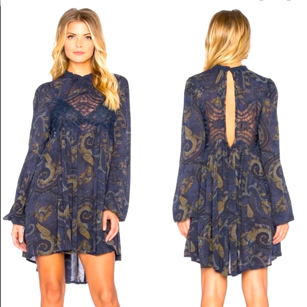 Free People Navy Paisley Lace Trim Long Sleeve Mini Dress